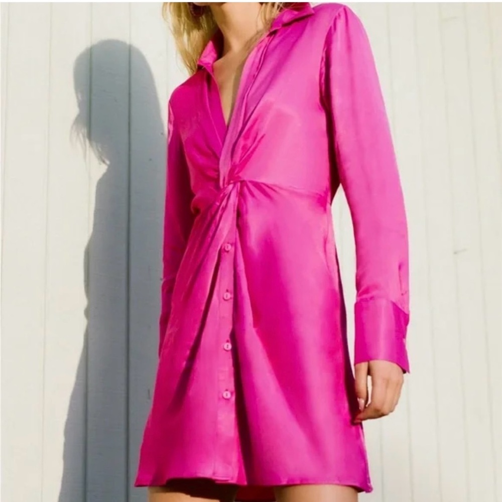 ZARA • Pink Satin Front Twist Midi Dress - Picture 1 of 6